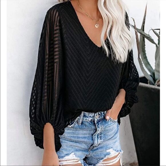 Ballon See Through Sleeves Blouse - Picture 4 of 7